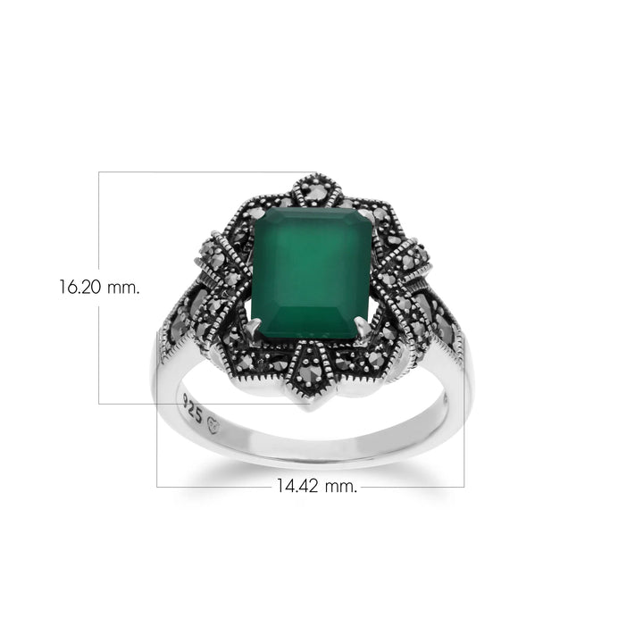 Anillo estilo Art Déco con calcedonia verde baguette y marcasita en plata de ley 925