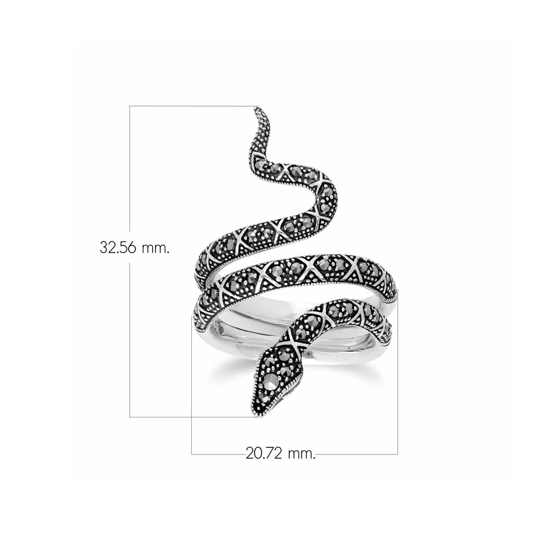 Anillo llamativo de serpiente de marcasita redonda estilo Art Nouveau en plata de ley 925