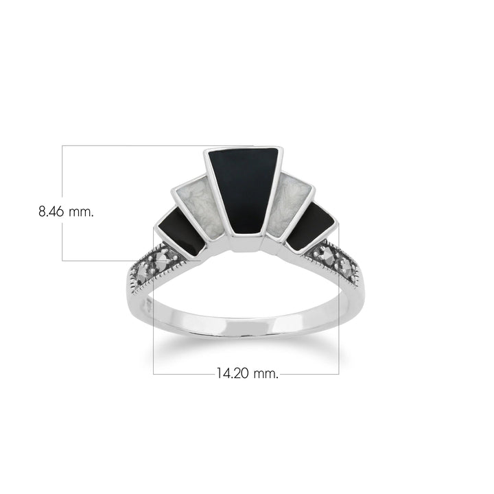 Anillo estilo Art Déco con marcasita y esmalte blanco y negro en forma de abanico degradado en plata de ley 925