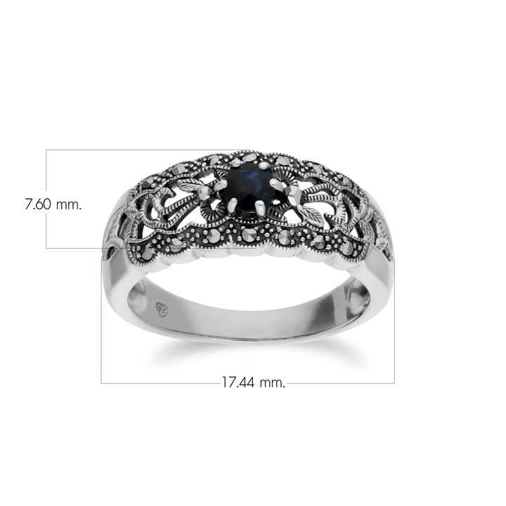 Anillo estilo art nouveau con zafiro redondo y marcasita floral en plata de ley