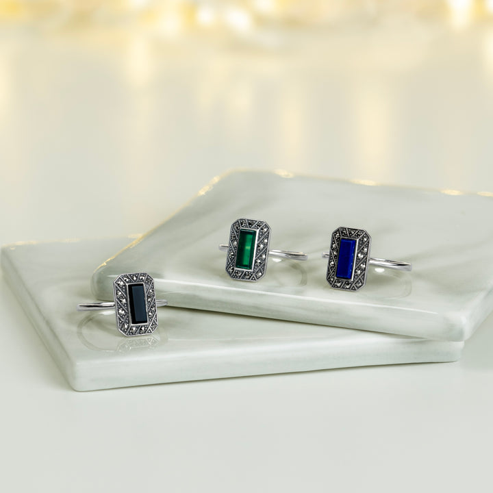 Anillo rectangular de ónix y marcasita estilo art déco en plata de ley