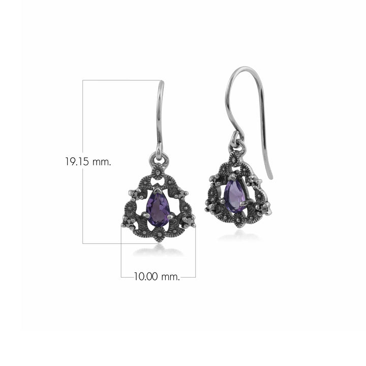Aretes colgantes de guirnalda de marcasita y amatista pera estilo Art Nouveau en plata de ley 925
