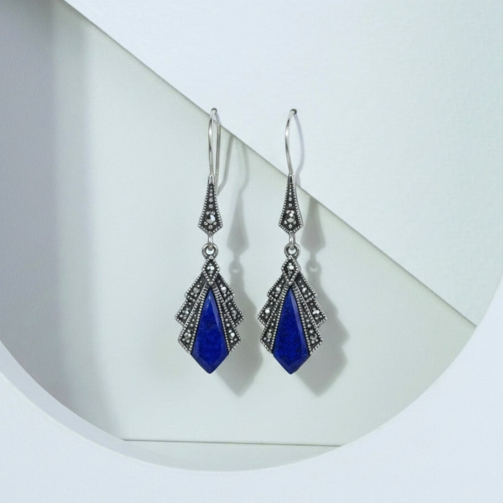 Aretes colgantes estilo art déco con diamantes, lapislázuli y marcasita en plata de ley 925