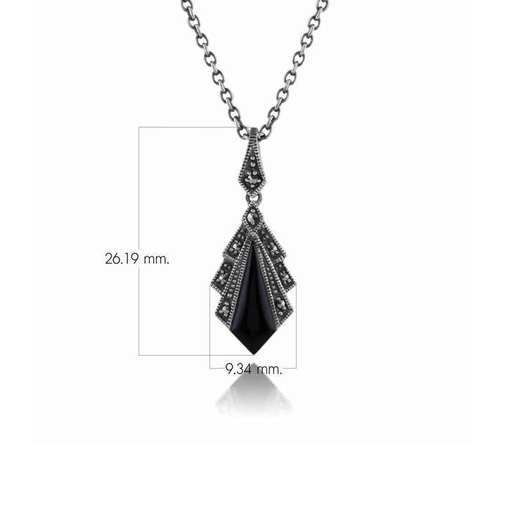 Colgante estilo Art Déco de ónix negro y marcasita en plata de ley 925