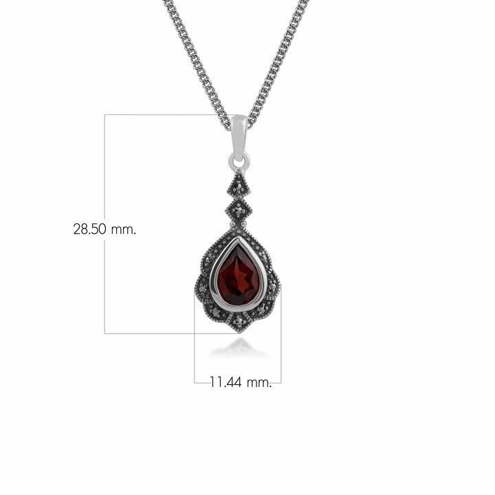 Colgante de hoja de marcasita y granate pera estilo Art Nouveau en plata de ley 925