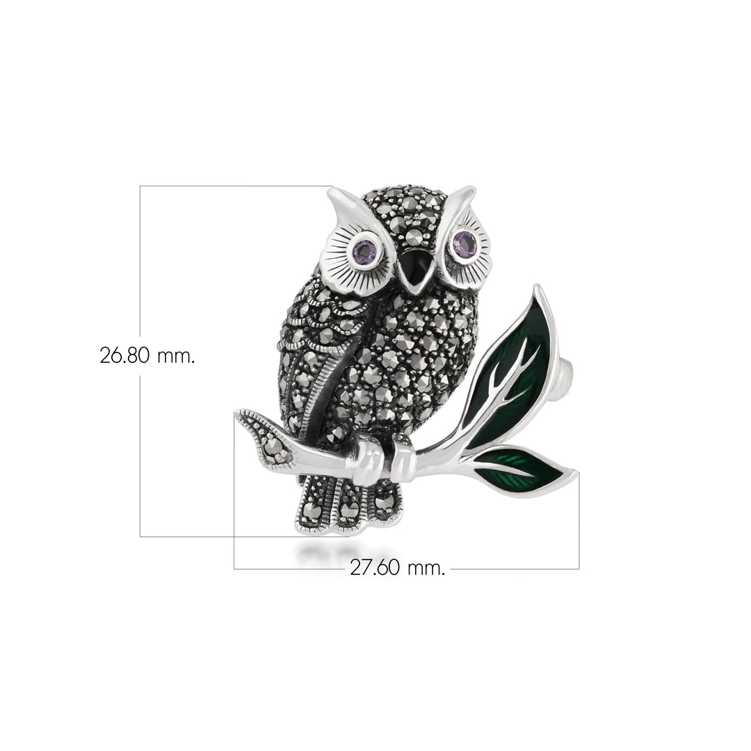 Broche de búho estilo Art Nouveau con marcasita, amatista y esmalte en plata de ley