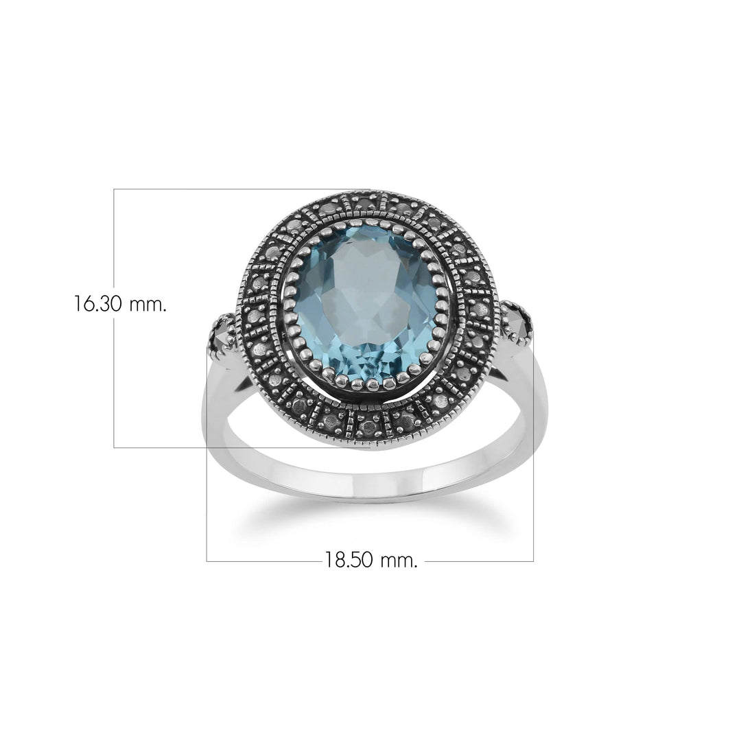 Anillo de cóctel llamativo estilo Art Déco con topacio azul ovalado y marcasita en plata de ley
