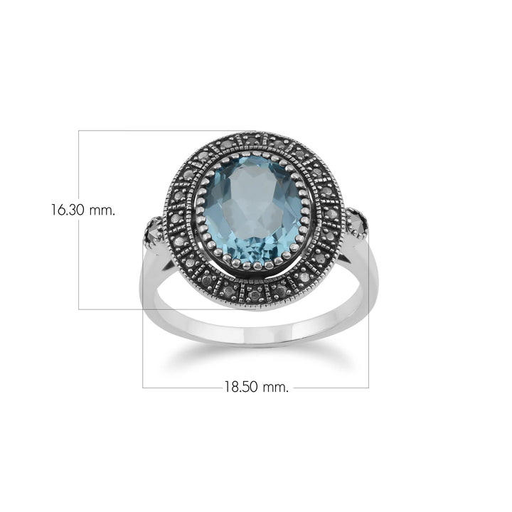 Anillo de cóctel llamativo estilo Art Déco con topacio azul ovalado y marcasita en plata de ley