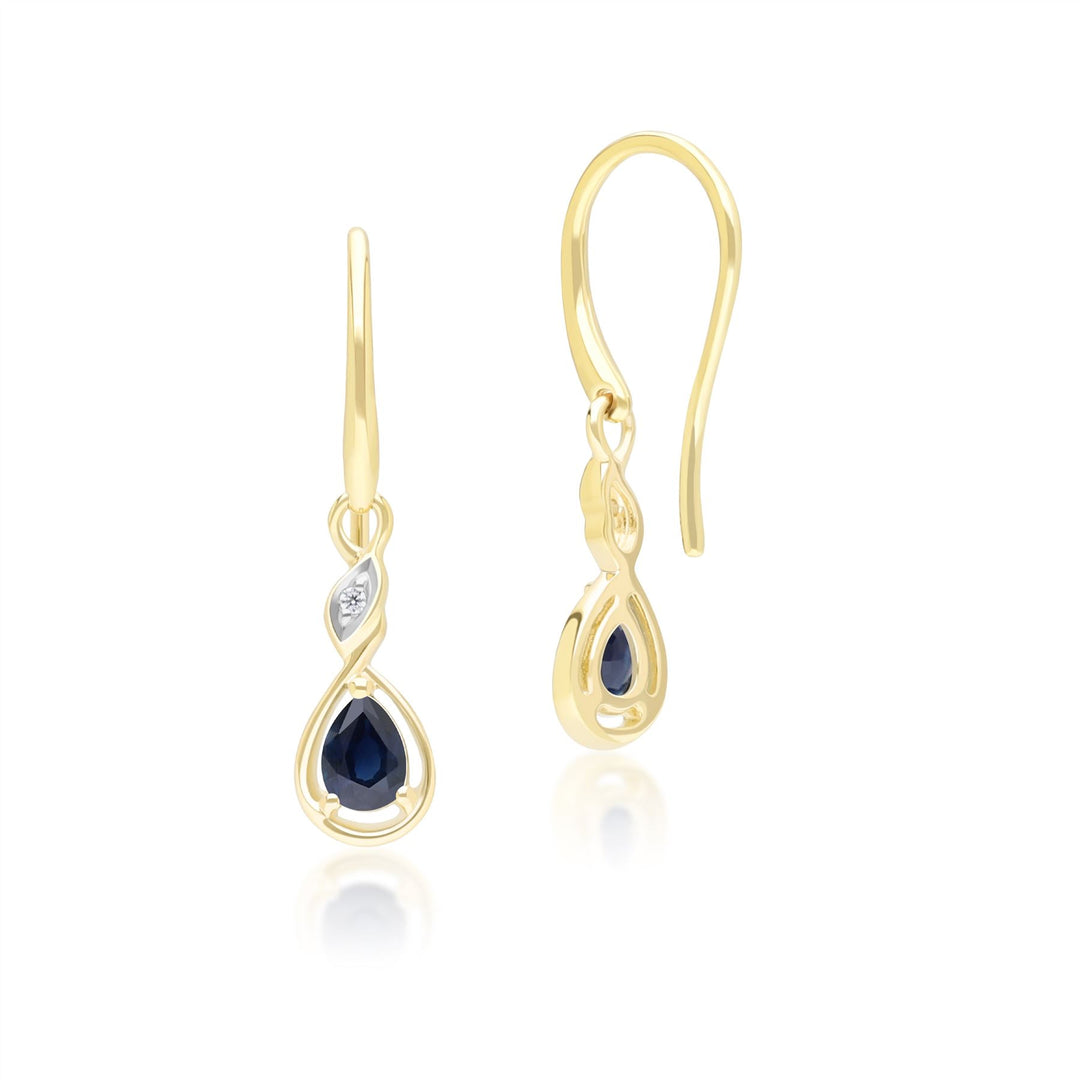 Pendientes colgantes clásicos de zafiro pera y diamantes en oro amarillo de 9 quilates