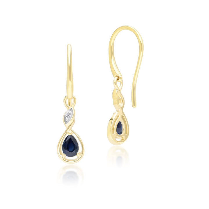 Pendientes colgantes clásicos de zafiro pera y diamantes en oro amarillo de 9 quilates