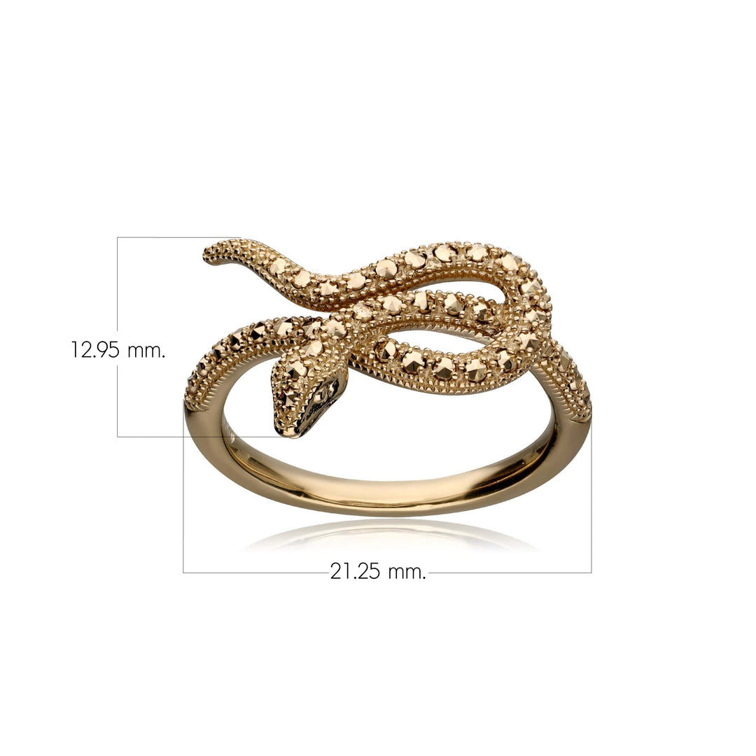 Anillo de serpiente de cuerda de marcasita de estilo Art Nouveau en plata chapada en oro de 18 quilates