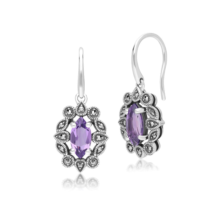 Pendientes colgantes de amatista y marcasita estilo marquesa en plata de ley estilo art déco.