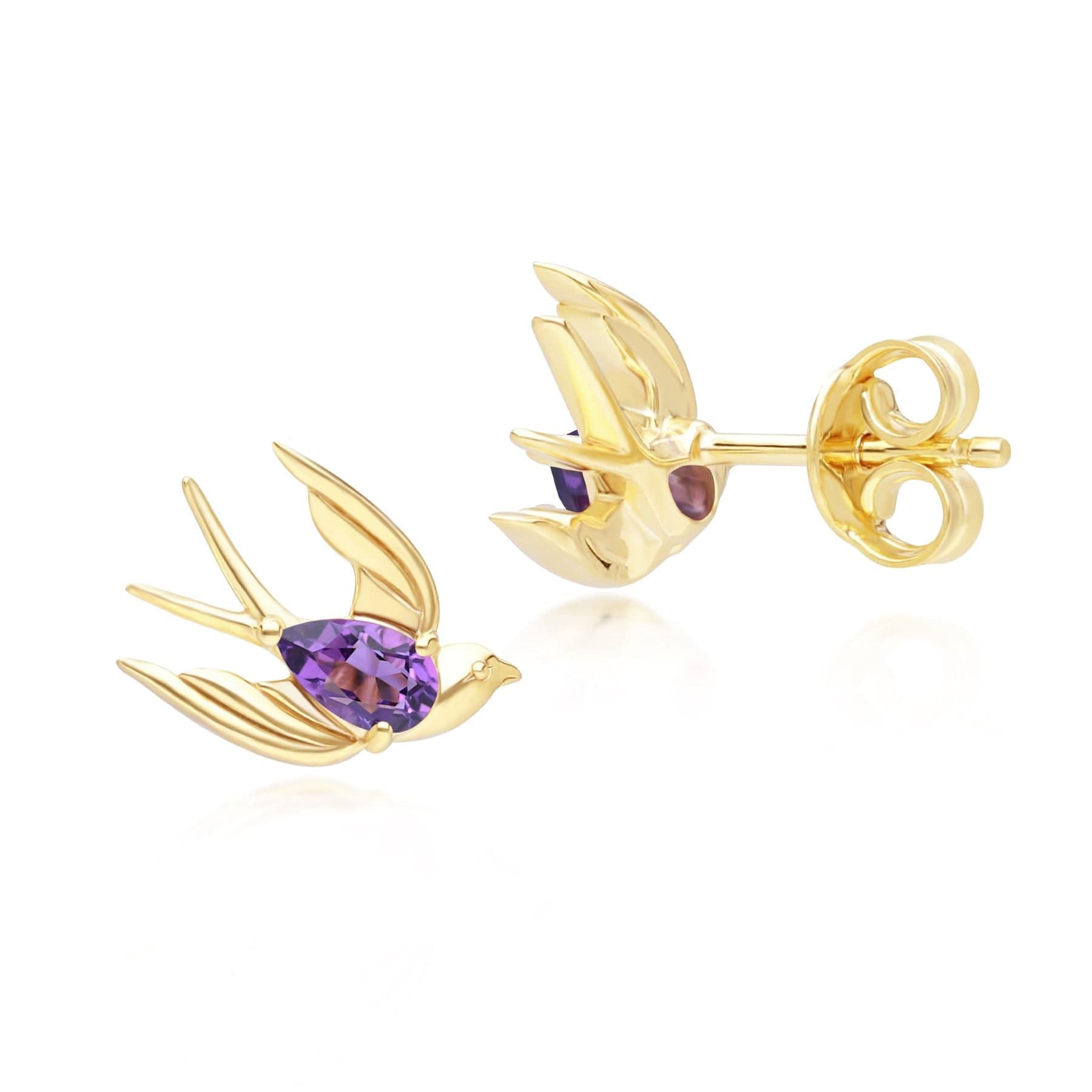 253E435203925 ECFEW™ Creator Amethyst Hummingbird Stud Earrings in Gold Plated Sterling Silver Side