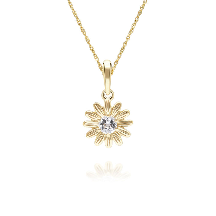 Gardenia Daisy White Sapphire Floral Halo Flower Pendant Necklace in Solid 9ct Yellow Gold
