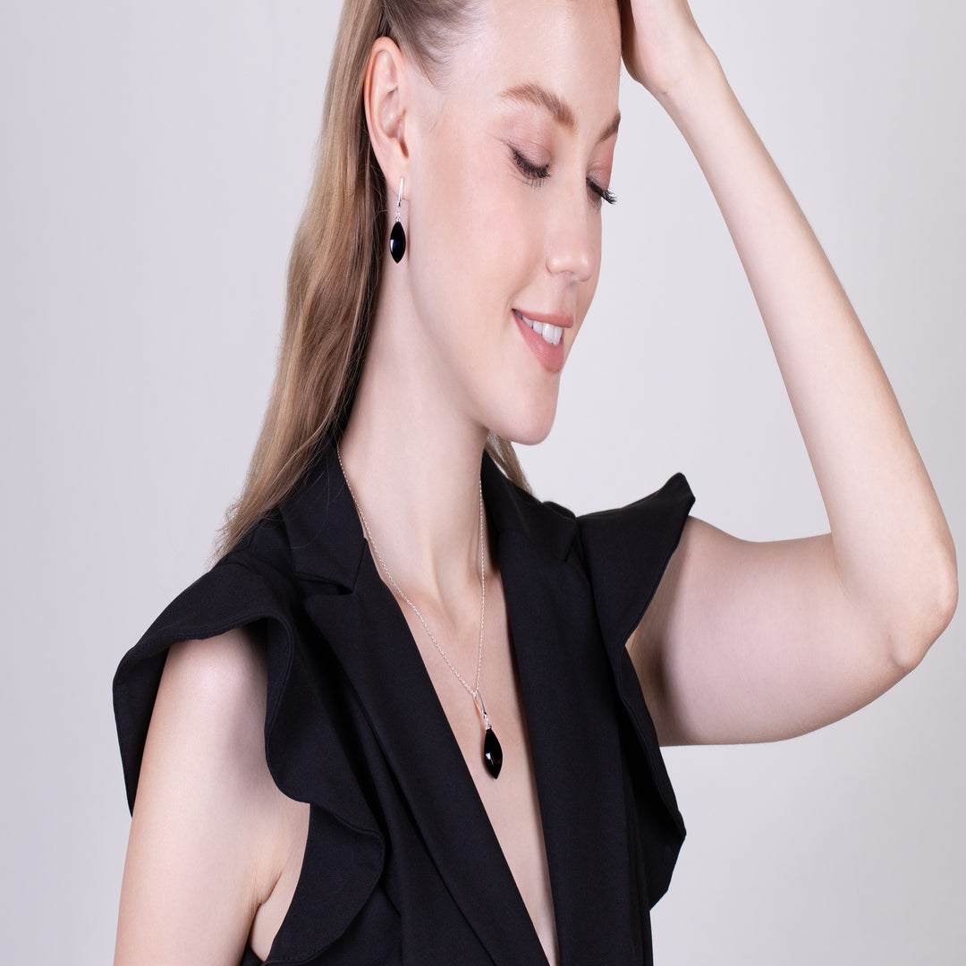 Aretes colgantes estilo art déco con pera, ónix negro y espinela negra en plata de ley 925