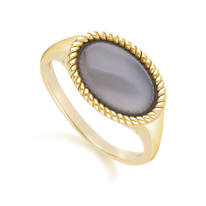 Anillo clásico de piedra lunar negra ovalada en oro amarillo de 9 quilates