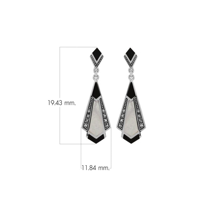 Aretes colgantes estilo art déco con cabujón de ónix negro, nácar y marcasita en plata de ley 925