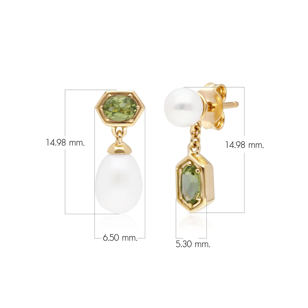 Aretes colgantes no coincidentes modernos de perla y peridoto en plata chapada en oro