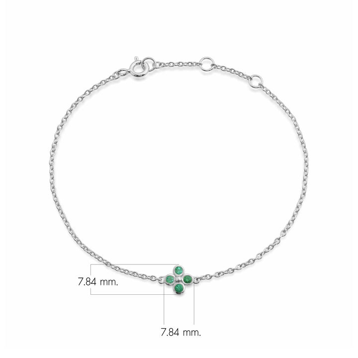 Brazalete de trébol con montura de bisel de esmeralda redonda floral en plata de ley