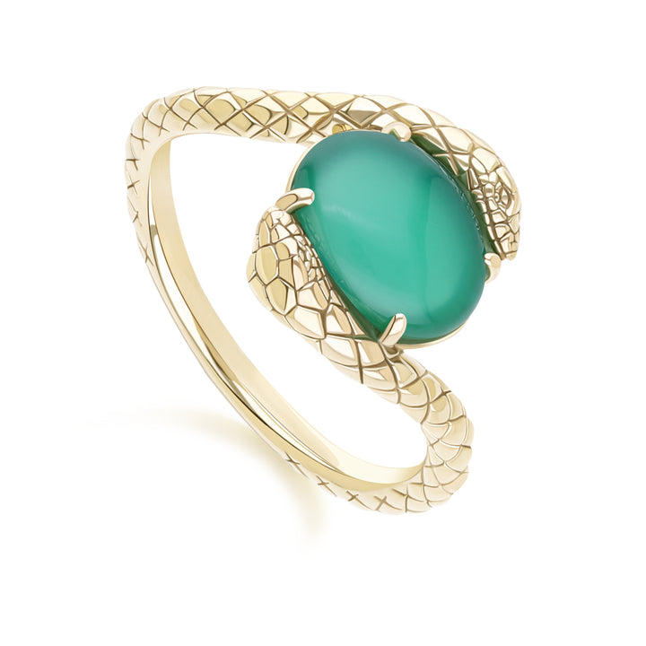 ECFEW™ Oval dyed green chalcedony by pass snake set cabochon ring in gold vermeil sterling silver