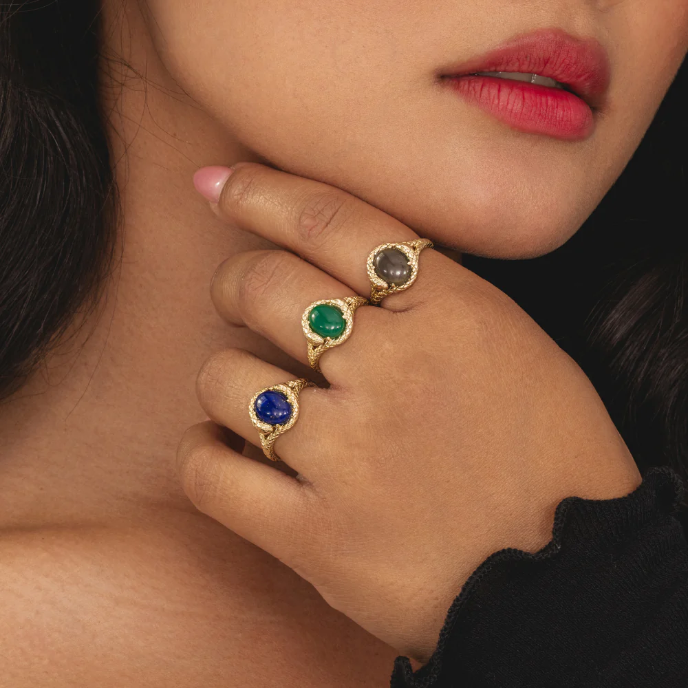 ECFEW™ Oval lapis lazuli snake two-headed coiled bezel-set cabochon ring in gold vermeil sterling silver