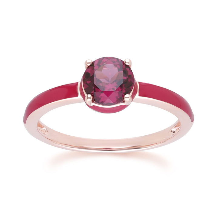 Anillo de rodolita redonda con esmalte rosa y vals siberiano en oro vermeil rosa