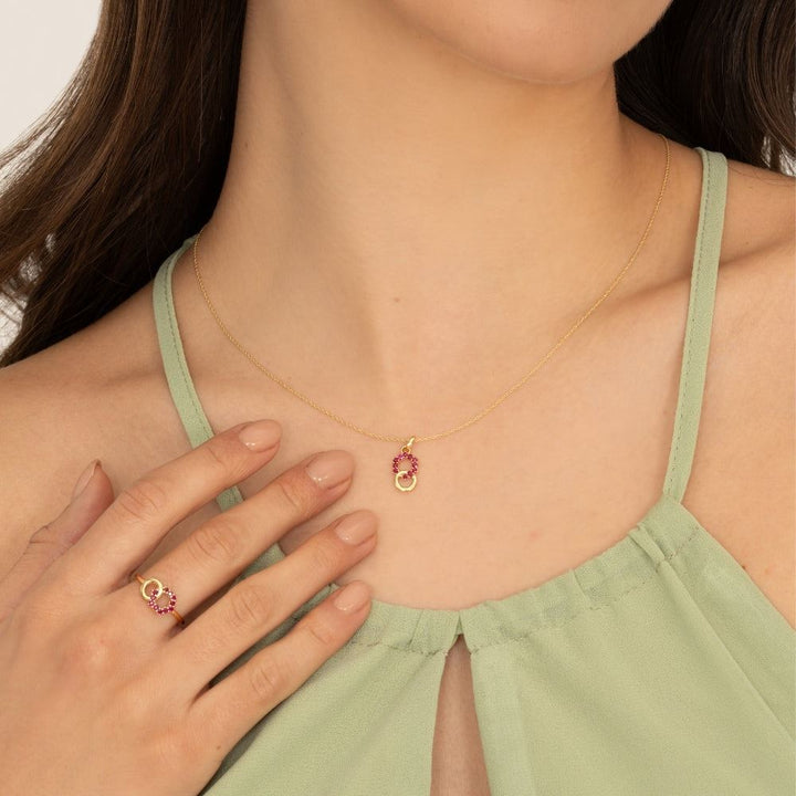 Geometric Hexagon and Round Linked with Prong set Sapphire Pendant in 9ct Yellow Gold