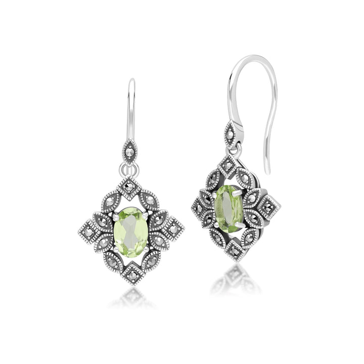 Pendientes colgantes de peridoto y marcasita ovalados estilo art déco en plata de ley