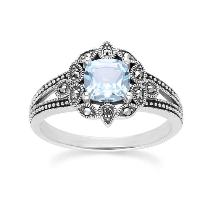 Anillo Art Déco con topacio azul y marcasita en plata de ley