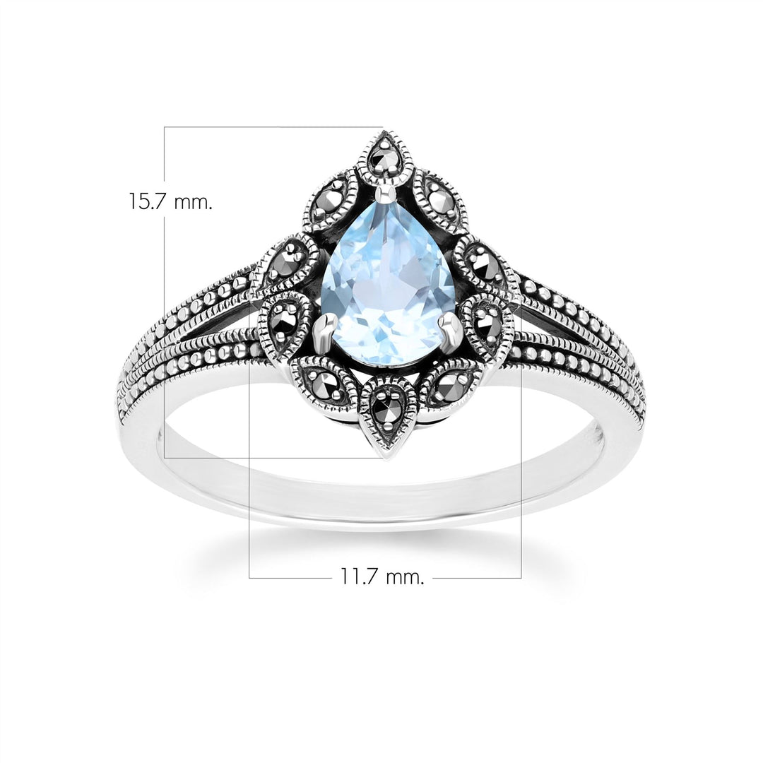 Anillo Art Déco de topacio azul pera y marcasita en plata de ley