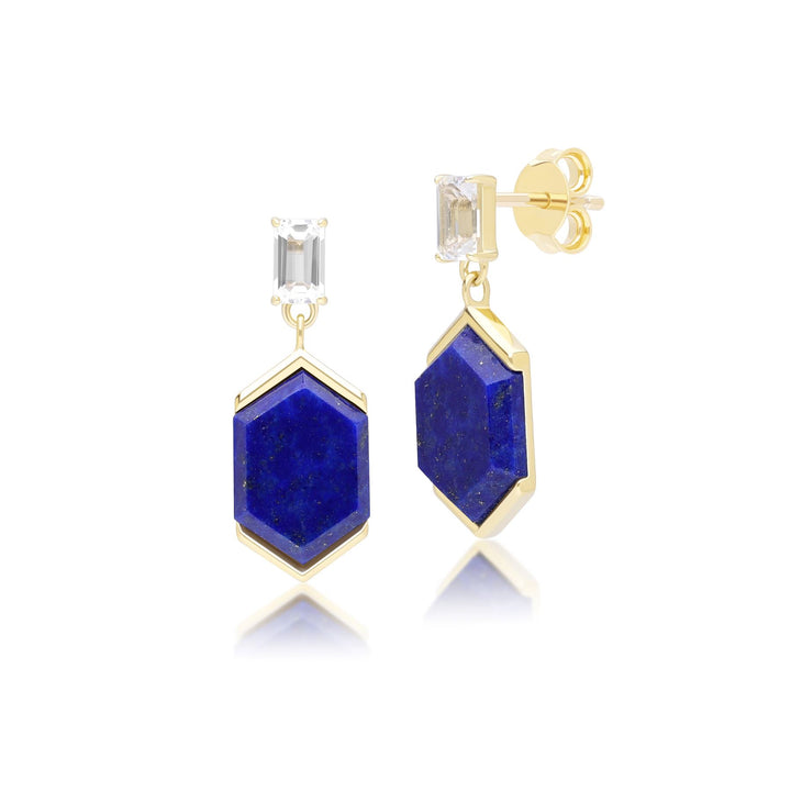 Pendientes colgantes hexagonales Grand Deco de lapislázuli y topacio en oro vermeil