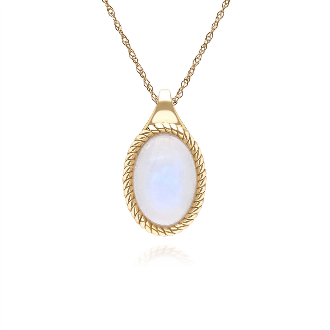 Collar clásico con colgante de piedra lunar arcoíris ovalada en oro amarillo de 9 quilates