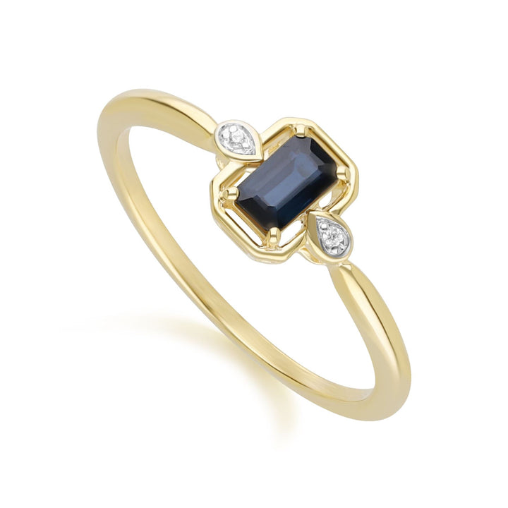 Anillo clásico de zafiro baguette y diamantes en oro amarillo de 9 quilates