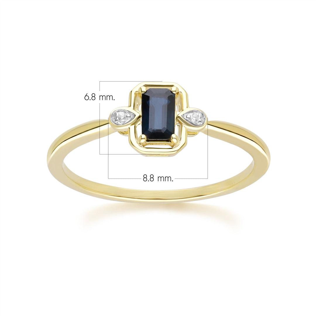 Anillo clásico de zafiro baguette y diamantes en oro amarillo de 9 quilates