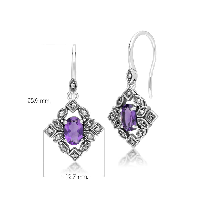 Pendientes colgantes ovalados de amatista y marcasita estilo art déco en plata de ley.