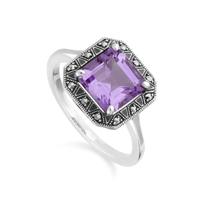 Anillo de amatista y marcasita de corte cuadrado inspirado en el Art Déco