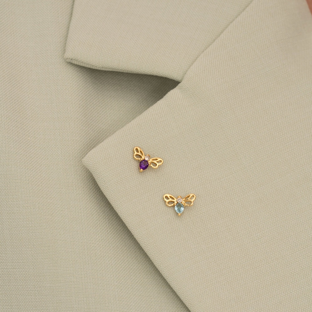 Honeycomb Art Nouveau Pear Shape Topaz and Diamond Bee Pin in 9ct Yellow Gold