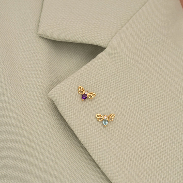 Honeycomb Art Nouveau Pear Shape Topaz and Diamond Bee Pin in 9ct Yellow Gold