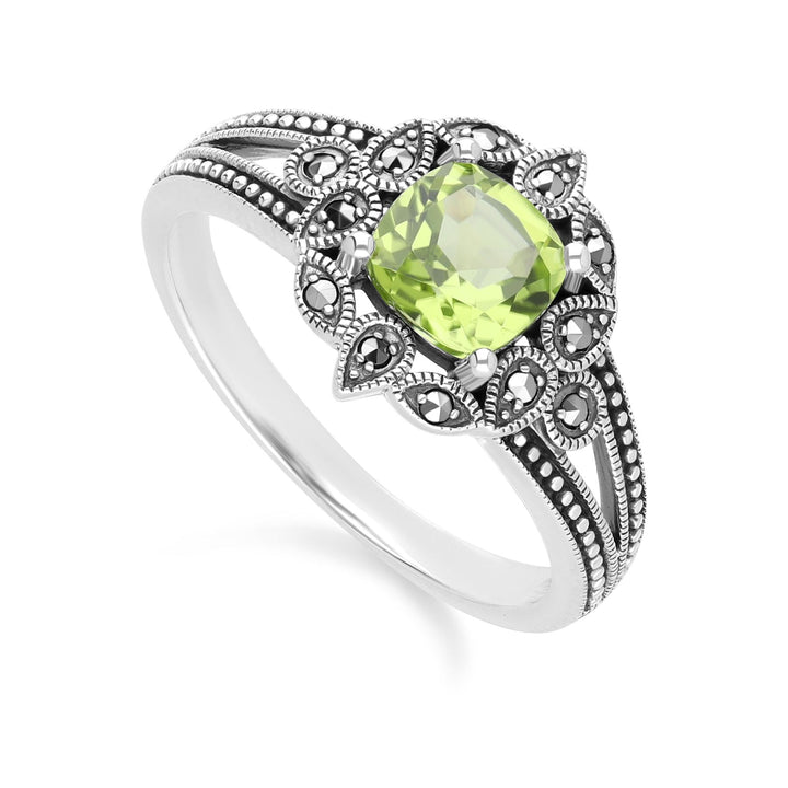 Anillo Art Déco de peridoto y marcasita en plata de ley