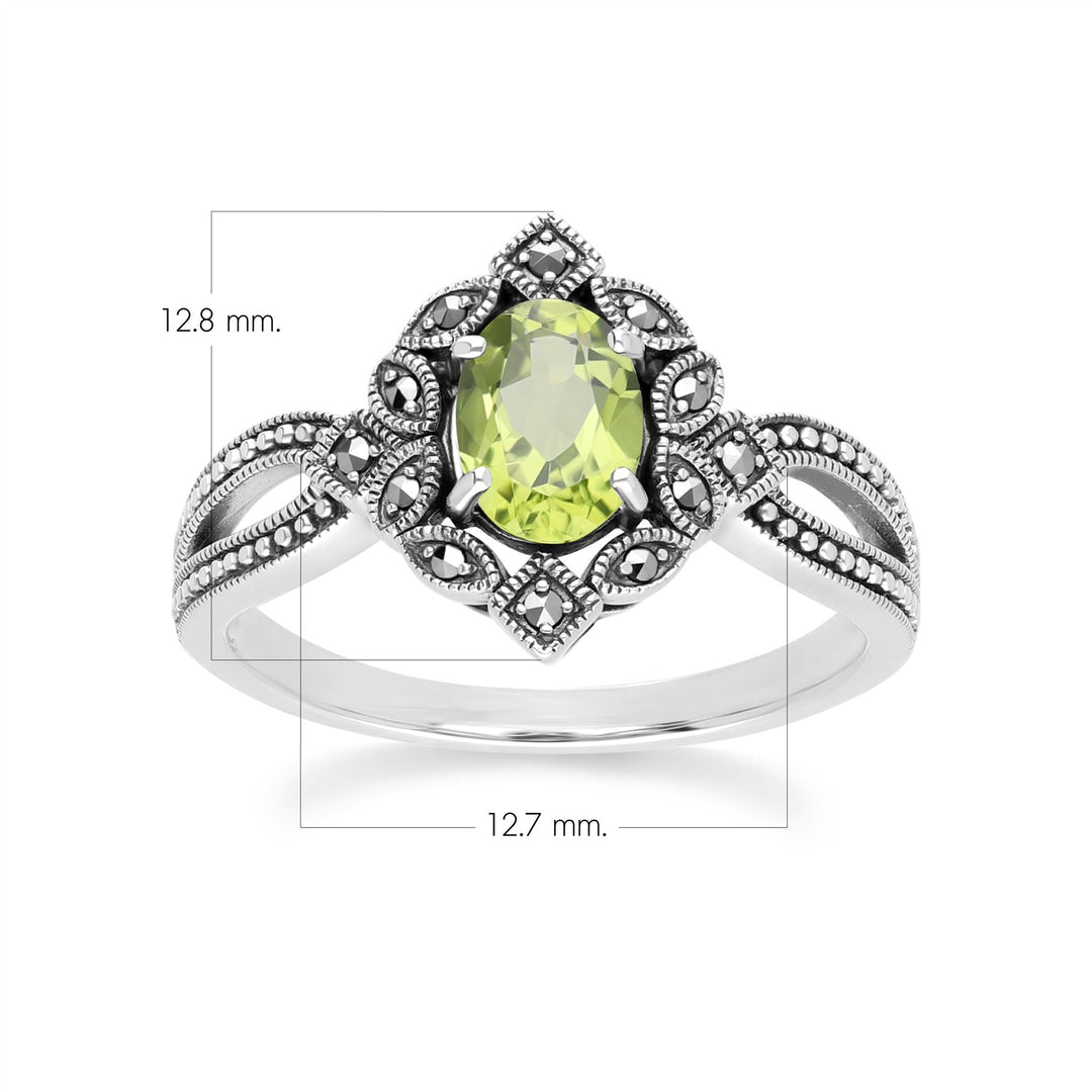 Anillo ovalado de peridoto y marcasita estilo art déco en plata de ley