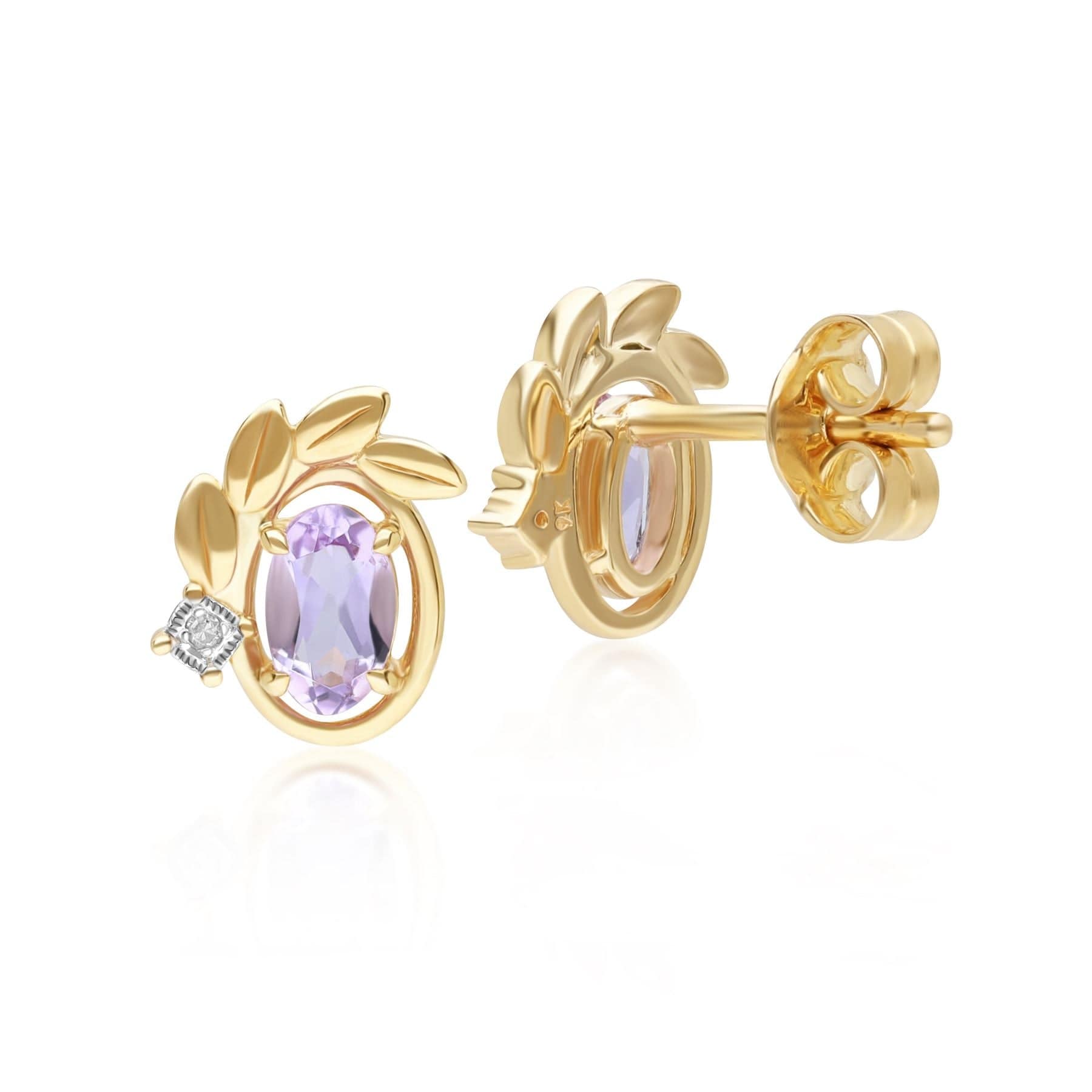 135E1860019 O leaf Pink Amethyst & Diamond Stud Earrings In 9ct Yellow Gold Side