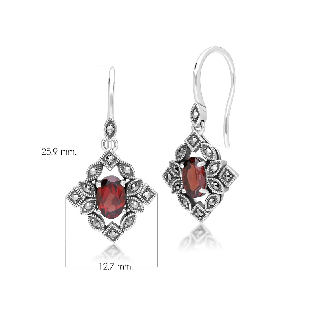 Pendientes colgantes ovalados de granate y marcasita estilo art déco en plata de ley