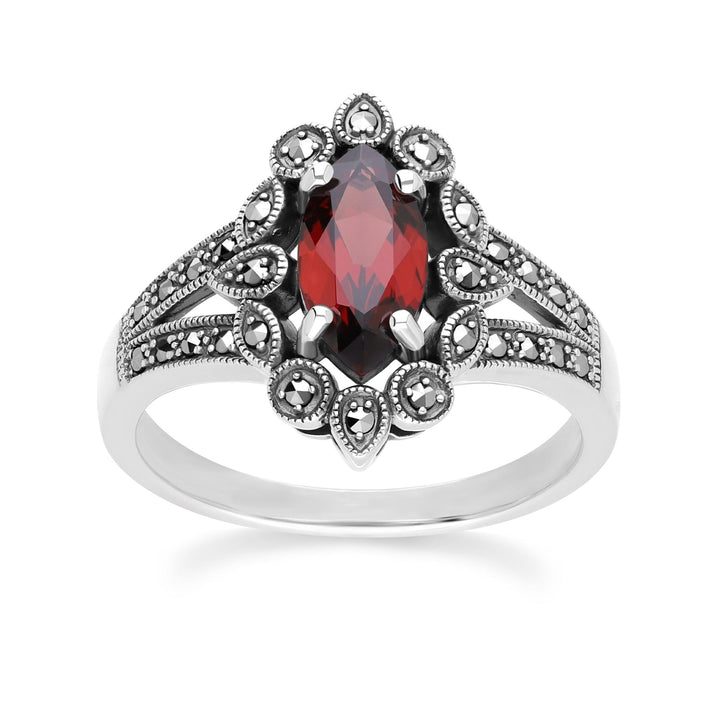 Anillo estilo Art Déco con granate marquesa y marcasita en plata de ley