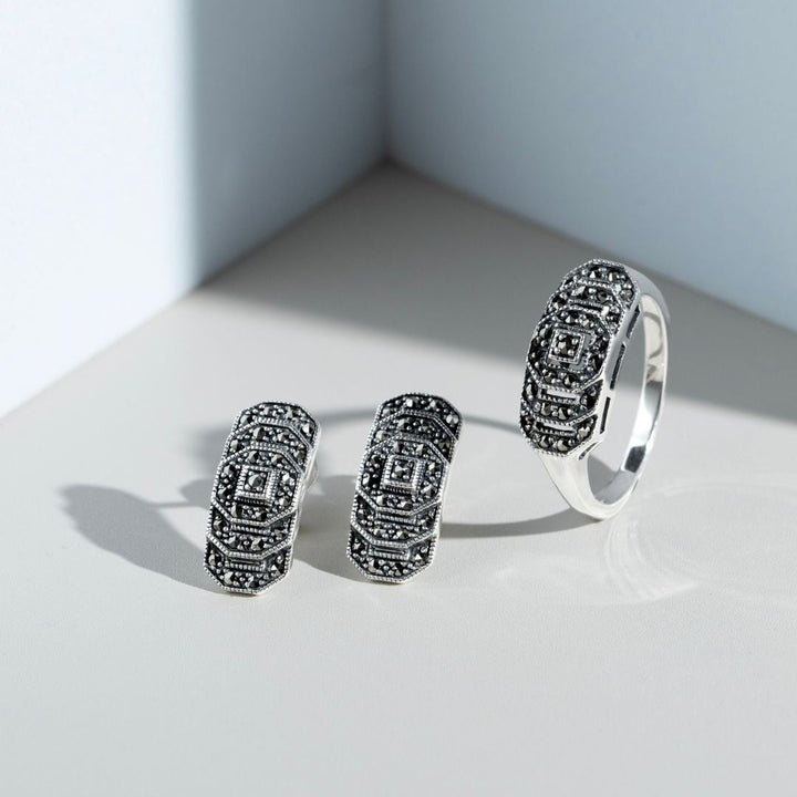 Anillo escalonado de marcasita redonda estilo Art Deco en plata de ley 925