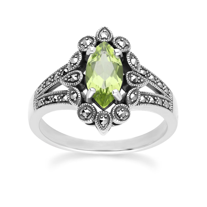 Anillo de peridoto y marcasita estilo marquesa Art Déco en plata de ley
