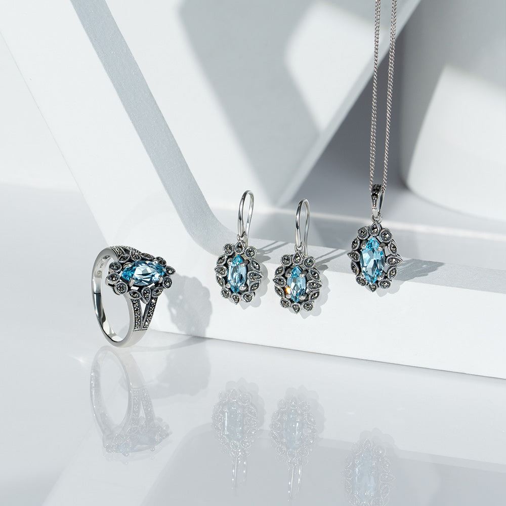 Art Deco Style Marquise Blue Topaz & Marcasite Drop Earrings in Sterling Silver