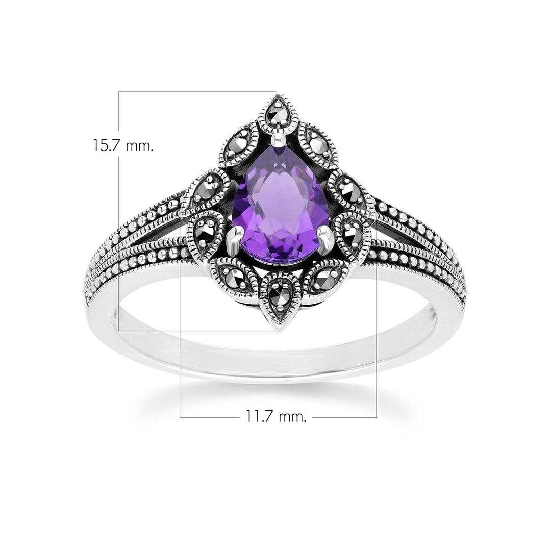 Anillo de amatista y marcasita estilo Art Déco en plata de ley.