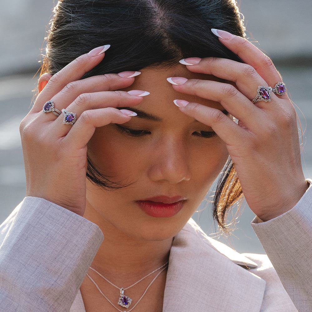Anillo de amatista y marcasita estilo marquesa en plata de ley estilo art déco