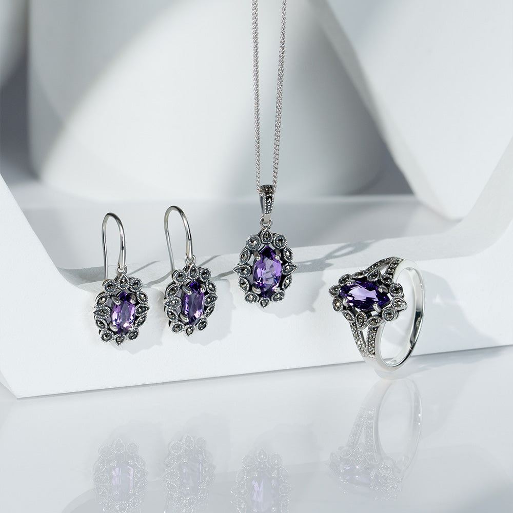 Art Deco Style Marquise Amethyst & Marcasite Pendant Necklace in Sterling Silver