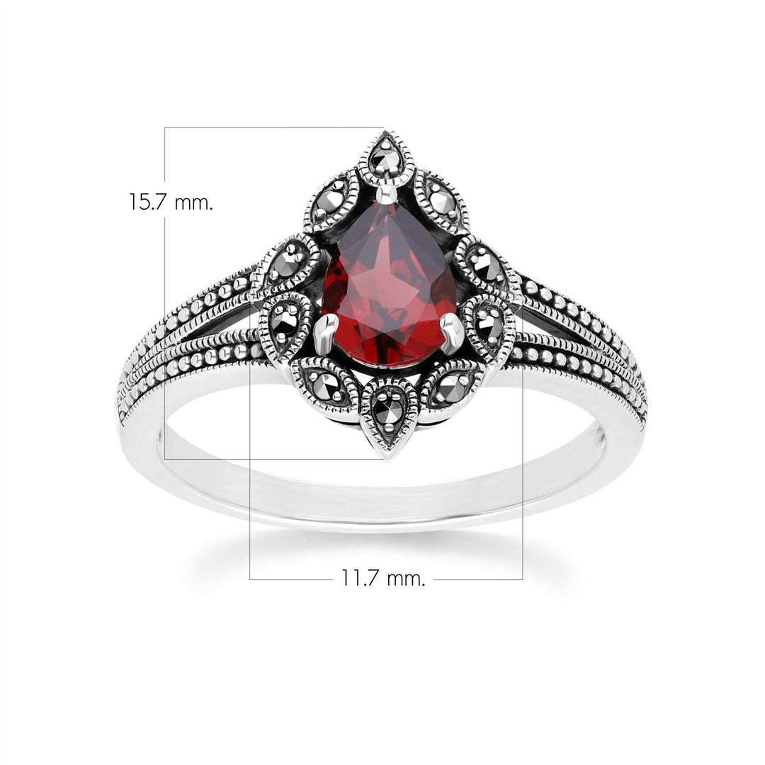 Anillo de granate pera y marcasita estilo Art Déco en plata de ley